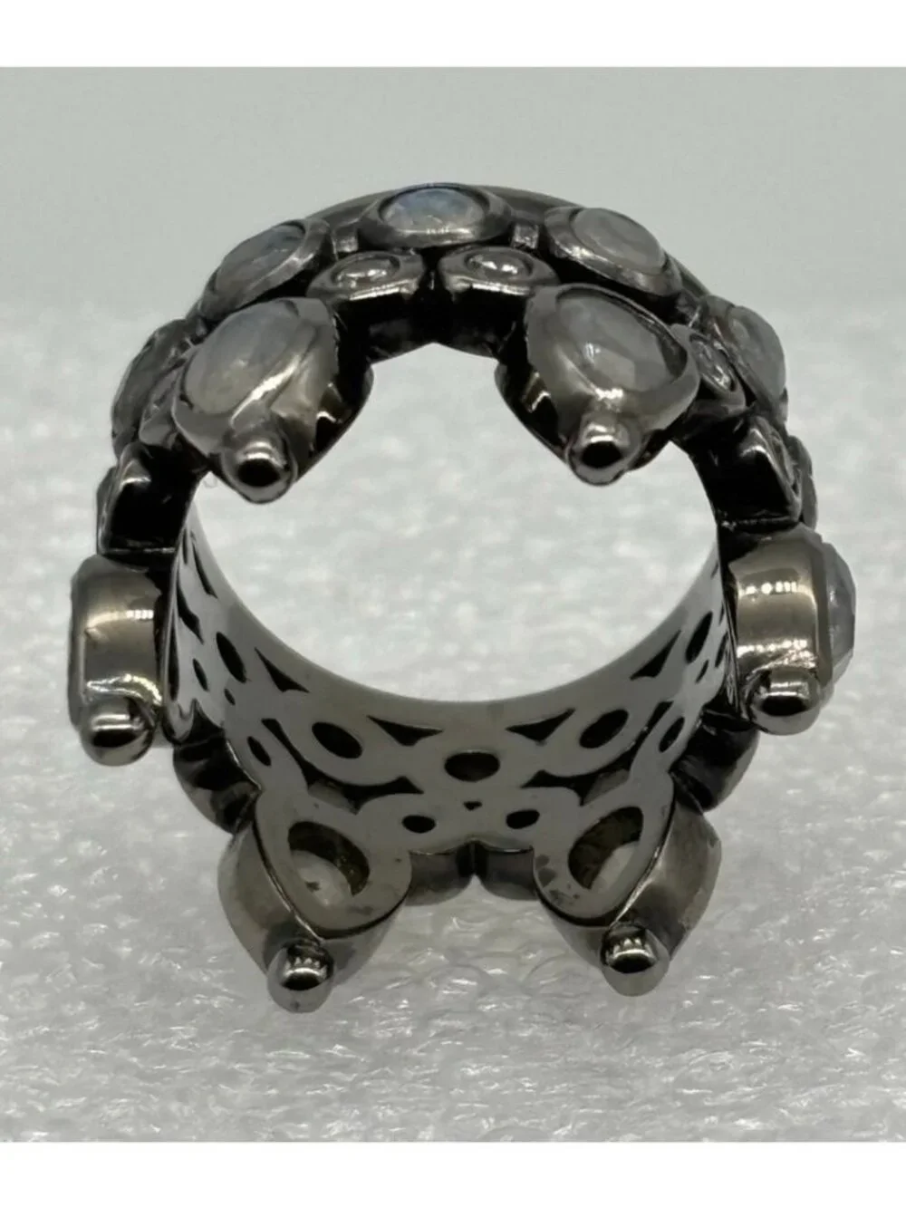 Hespera Jewelry 6 Pointed Crown Ring Gunmetal With Faux Teardrop Pave Moonstones